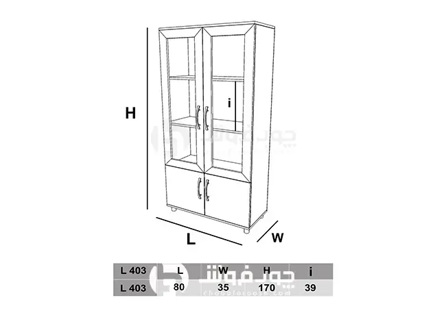ابعاد-کتابخانه-ویترینی-L403